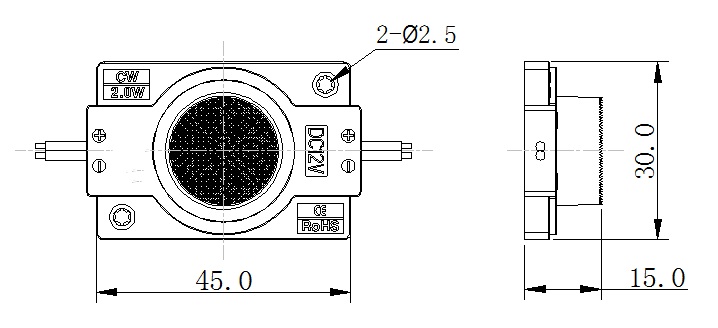 Single unit dimension of 12V 3030 3000K LED module 45x30x15mm.