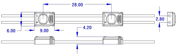 Technical dimension of mini 12V 1-LED module 8.5x6x3.2mm 3000K.