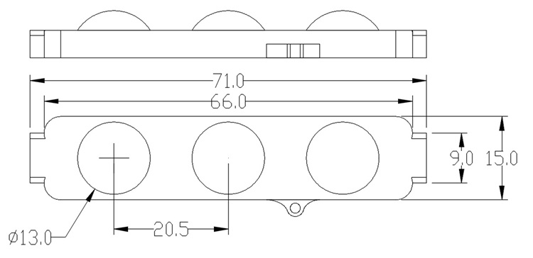 Technical drawing and size of 12V RGBC full color LED module 64x14.8x6.5mm.