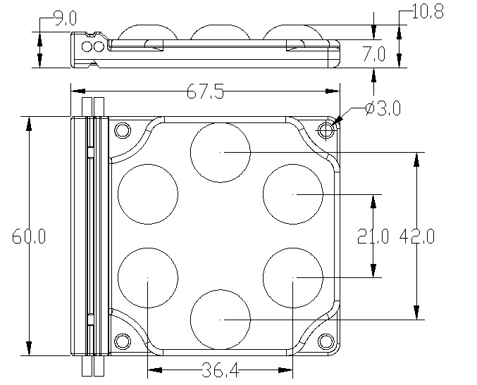 12V 6-LED 3030 module 3000K technical size 67.5x60x10.8mm.