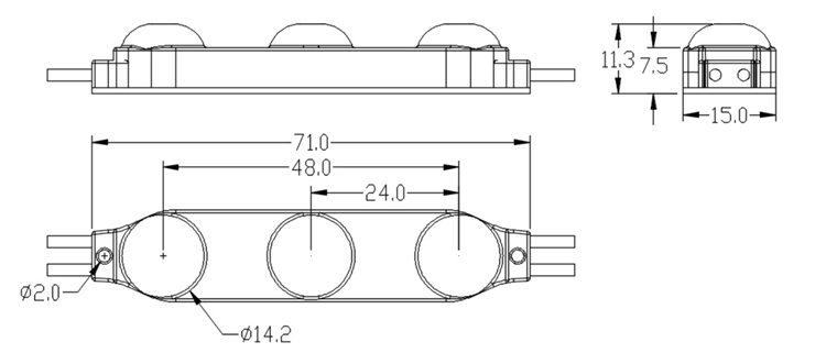 Technical dimension of 24V 2835 LED module 3000K size 70x16x8mm.