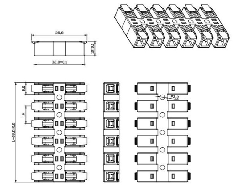 DV-PCT3012 inline connector size: 35.8x8.2x10mm.
