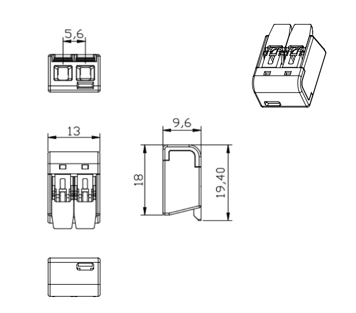 DV-PCT412 technical drawing, size 19.4x13x9.6mm.