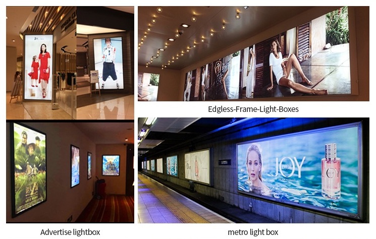 Commercial light box applications for DV-RS-6S2835-W-12A 7000k roller strip, including edgeless frame boxes and metro advertising displays.