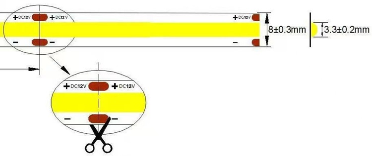 DV-COB320D12V3 6000K technical drawing: 8mm PCB width, 12V DC.