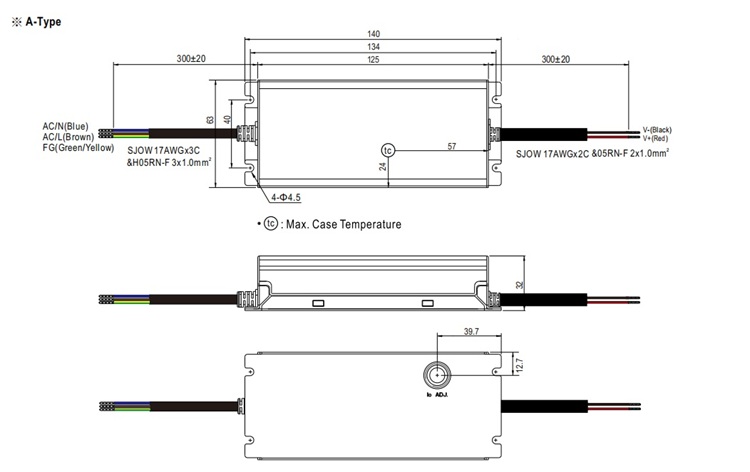XLG-75-A-24V physical size specifications (L140mm).
