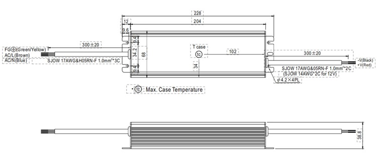 HLG-150H-12V physical size and screw positions.