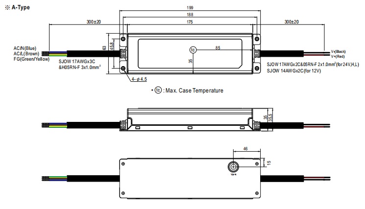XLG-200-A-24V dimension specs: 199x63x35.5mm.