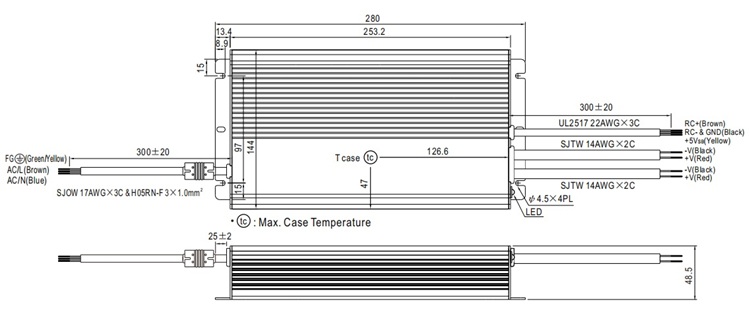 HLG-600H-12V physical dimensions and mounting holes.