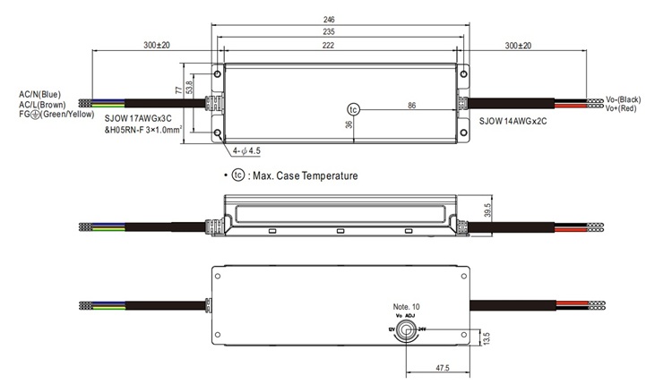 XLG-320 series mounting dimensions: 246x77x39.5mm.