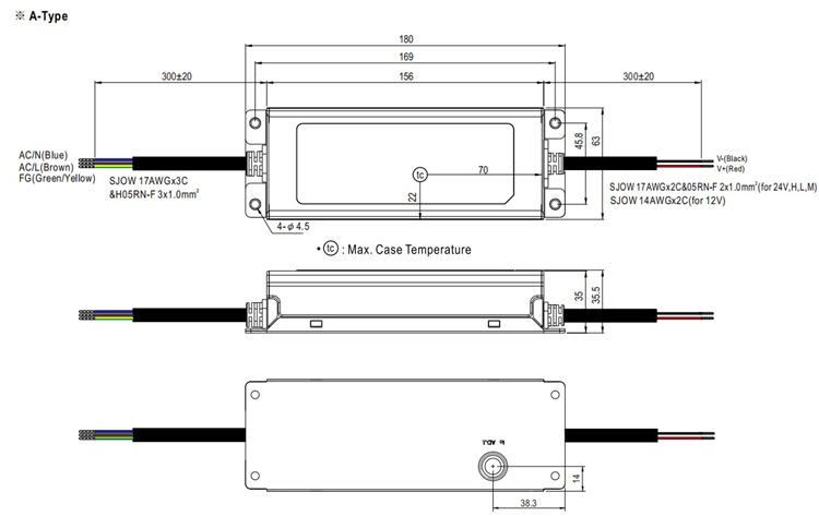 XLG-150-A-12V physical size drawing (L180mm).