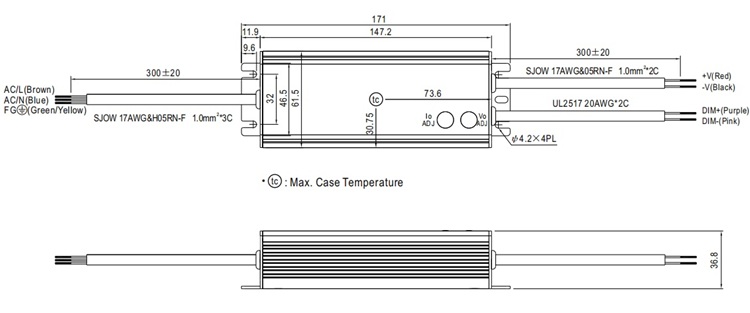 HLG-40H-12AB physical dimensions: 171x61.5x36.8mm.