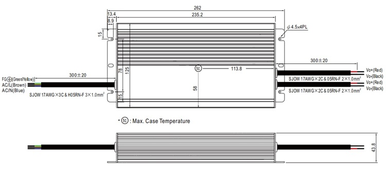 HLG-480H-24V dimension specs: 262x125x43.8mm.