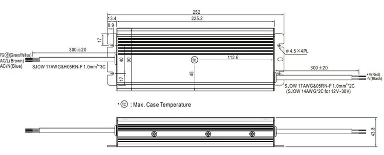 HLG-320H-12V physical size: 252x90x43.8mm.