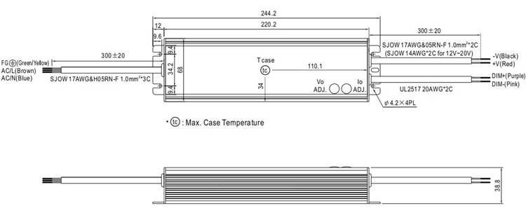 HLG-240H-12AB dimensions and dimming wire specs.