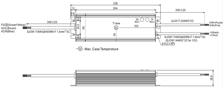HLG-150H-12AB size chart and wiring instructions.