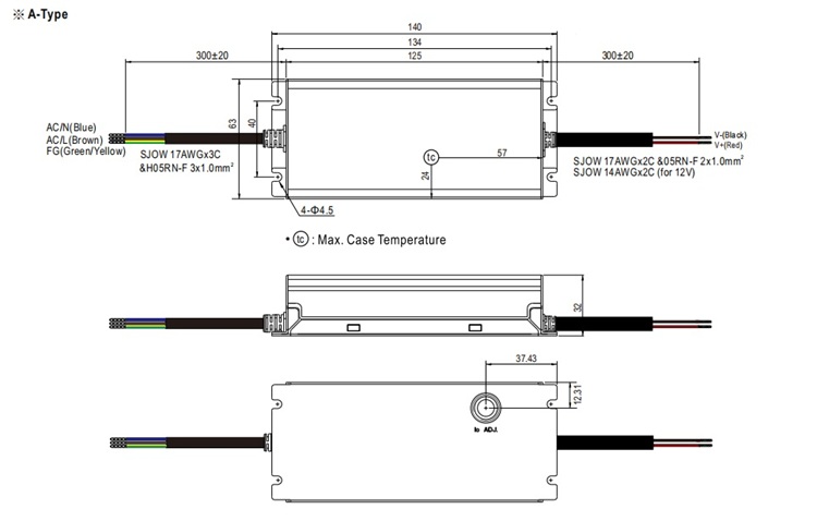 XLG-100-A-12V technical drawing and mounting size.