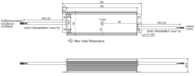HLG-120H-12V technical size drawing (L220mm).