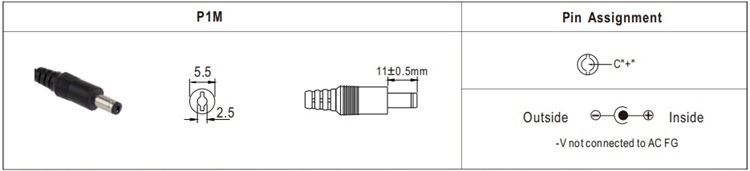 GST90A12 DC output plug dimensions and polarity diagram.