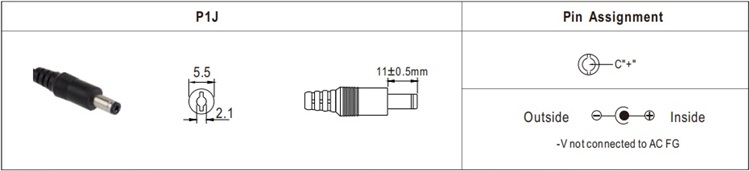 GST60A12 DC connector tip size and pin assignment.