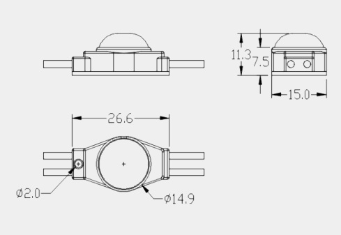 Technical dimension drawing of DV-LSWM1S2835W12175-2716 1-LED module, showing precise size of 27x16x8mm for light box installation planning.