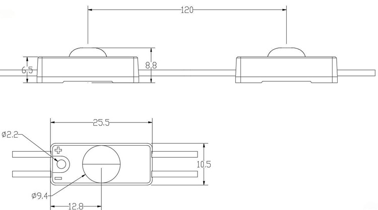 Technical dimension of 1led 2510 module is 25.5x10.5x8.5mm.
