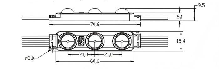 Dimension of 3 LEDs RGBW module 60.5*15.4*5.8mm.