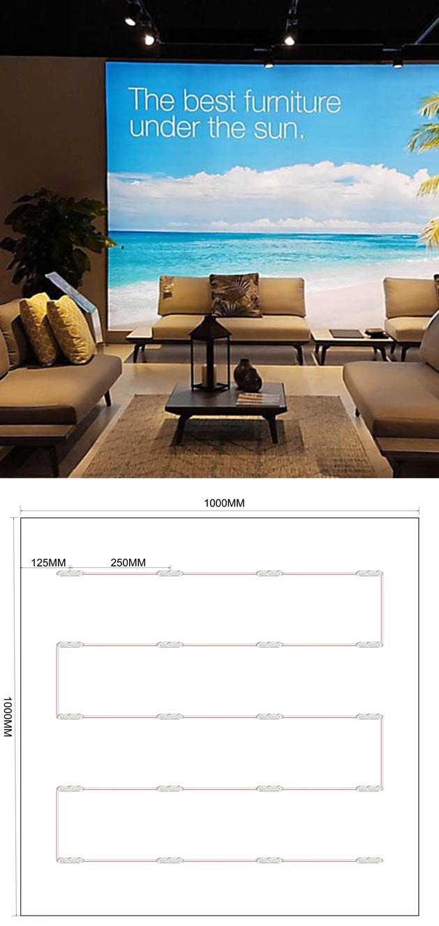 Indoor furniture showroom backlit fabric light box lighting effect, matched with 1000×1000mm dimension layout drawing of 3 LED modules, advertising lightbox illumination solution reference.