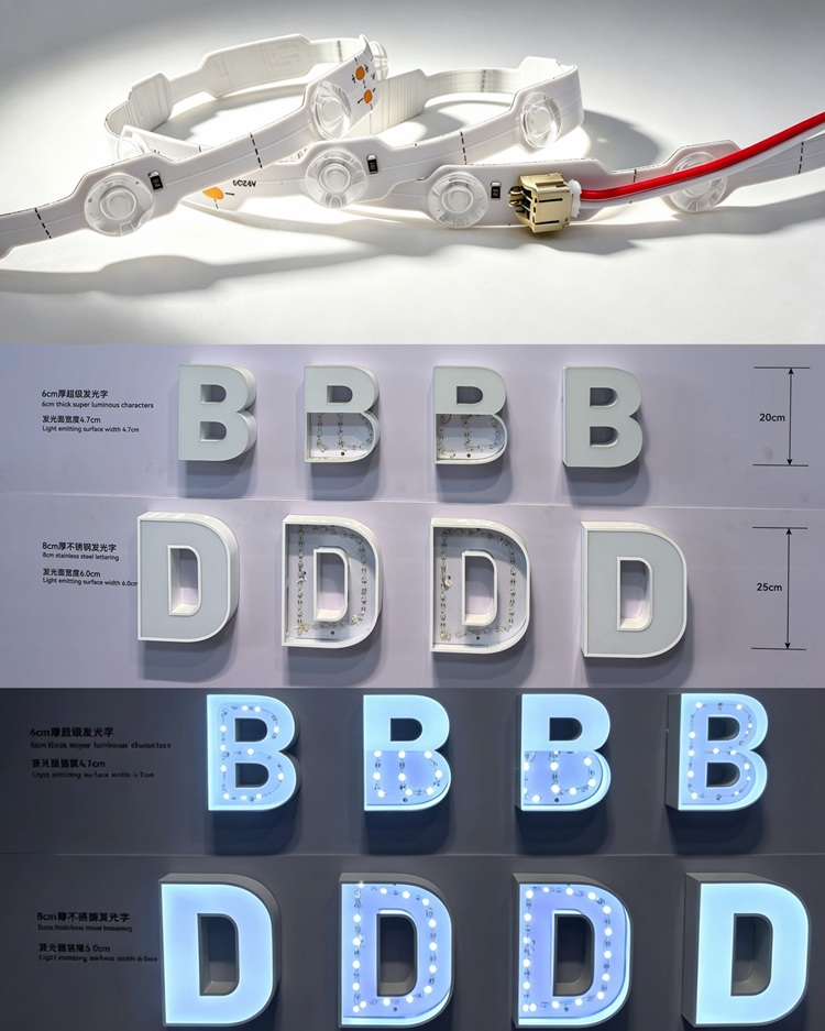 No-solder waterproof LED lens strip lighting demo with 6cm & 8cm depth 3D channel letters B and D, show lighting effect inside different size luminous signage, quick plug connection without welding for commercial light box signs.