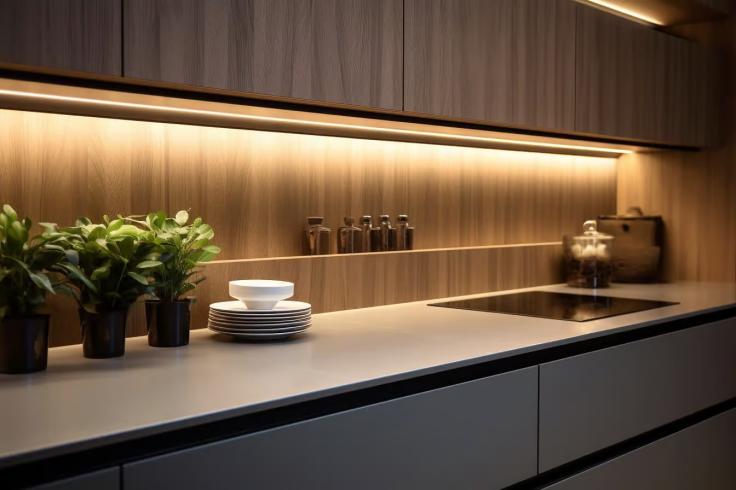 COB LED strip under cabinet light, warm glow kitchen countertop ambient linear lighting.