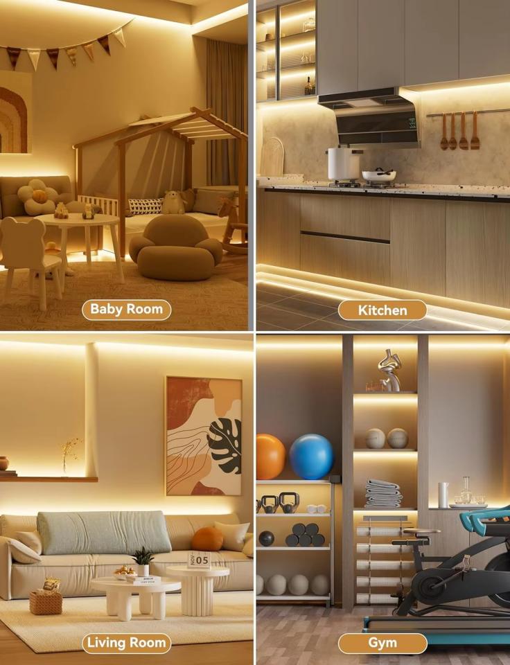 COB LED strip light multi-scene application, baby room, kitchen, living room, gym interior ambient linear lighting.