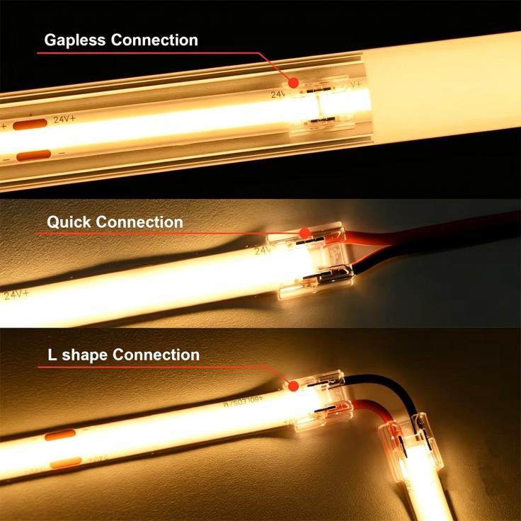 COB LED strip three types quick connectors, gapless joint, L shape corner, plug and play seamless connection.