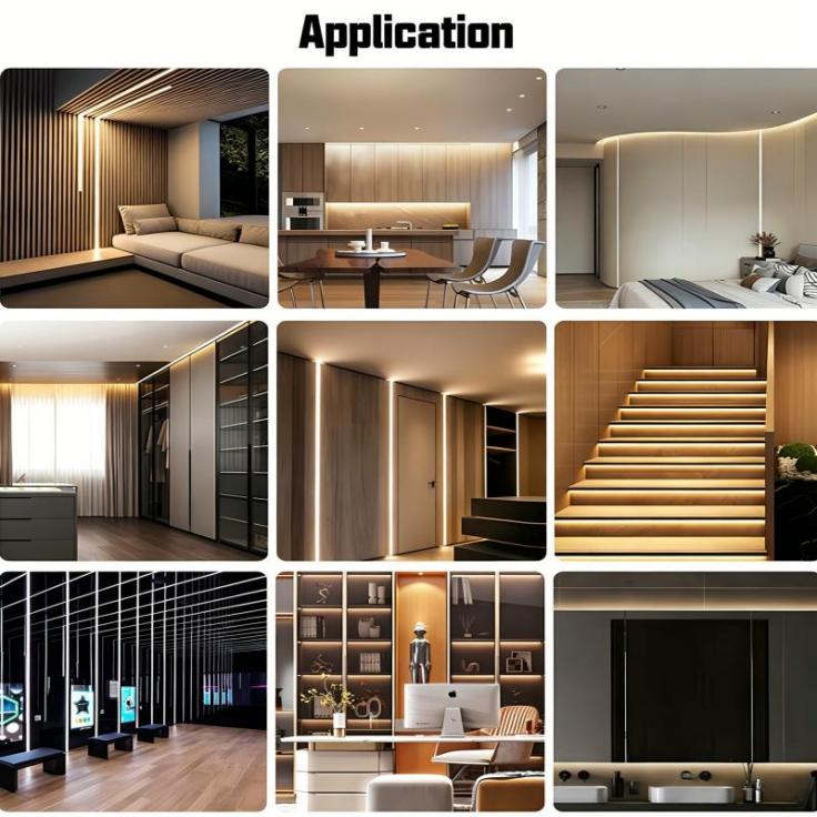 COB LED strip light multiple indoor application scenes, home cabinet, stair, bedroom, kitchen ambient linear lighting.
