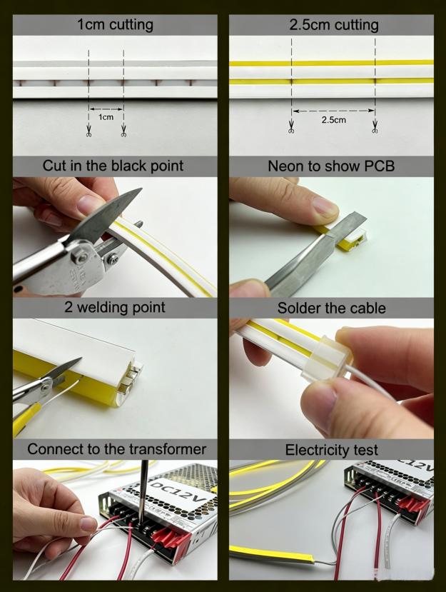 Step-by-step operation guide for integrated silicone neon strip, including 1cm & 2.5cm cutting intervals, cutting at black marking point, stripping silicone to expose PCB board, soldering wires, connecting DC12V power supply transformer and electricity lighting test.