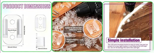 Transparent plastic mounting clip specially for integrated silicone neon strip, detailed product dimension drawing, fits 5.4–6.2mm width integrated neon tube, drill & screw fixed simple installation demo.