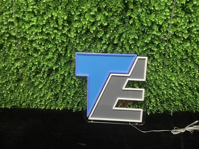 Custom monogram TE split neon logo sign for business.