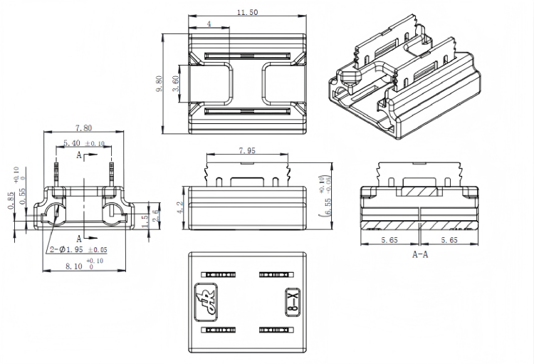 2D engineering dimension drawing of COB LED strip quick connector with full size tolerances.