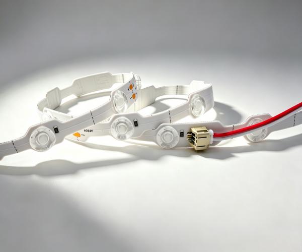 Solder-free terminal wire accessory for waterproof lens LED strip light.