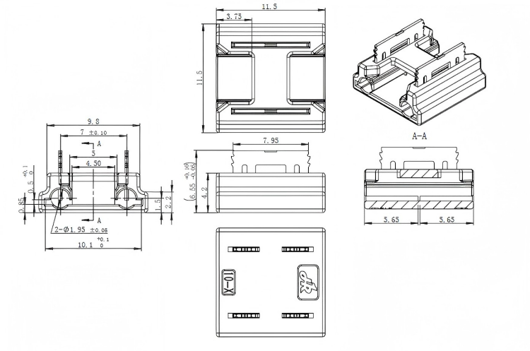 2D engineering dimension drawing of COB LED strip quick connector with full size tolerances.
