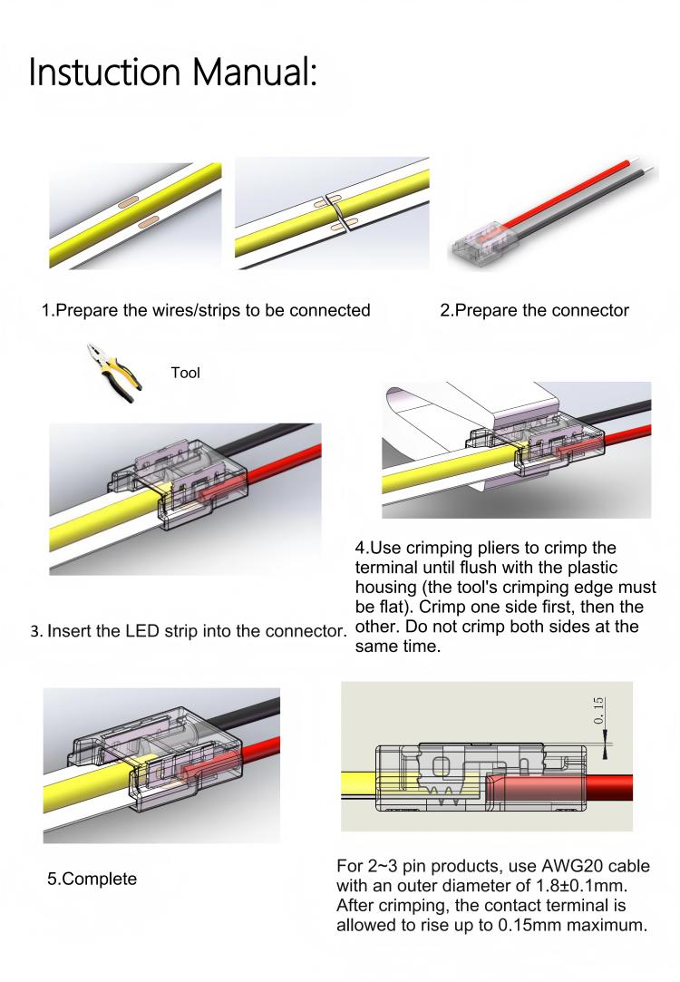 Step-by-step installation instruction diagram for COB LED strip quick crimp connector.