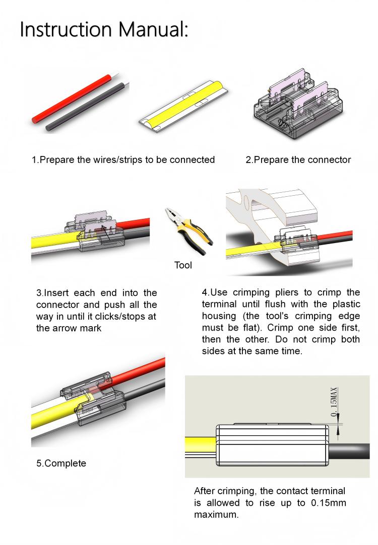 Step-by-step installation instruction diagram for COB LED strip quick crimp connector.