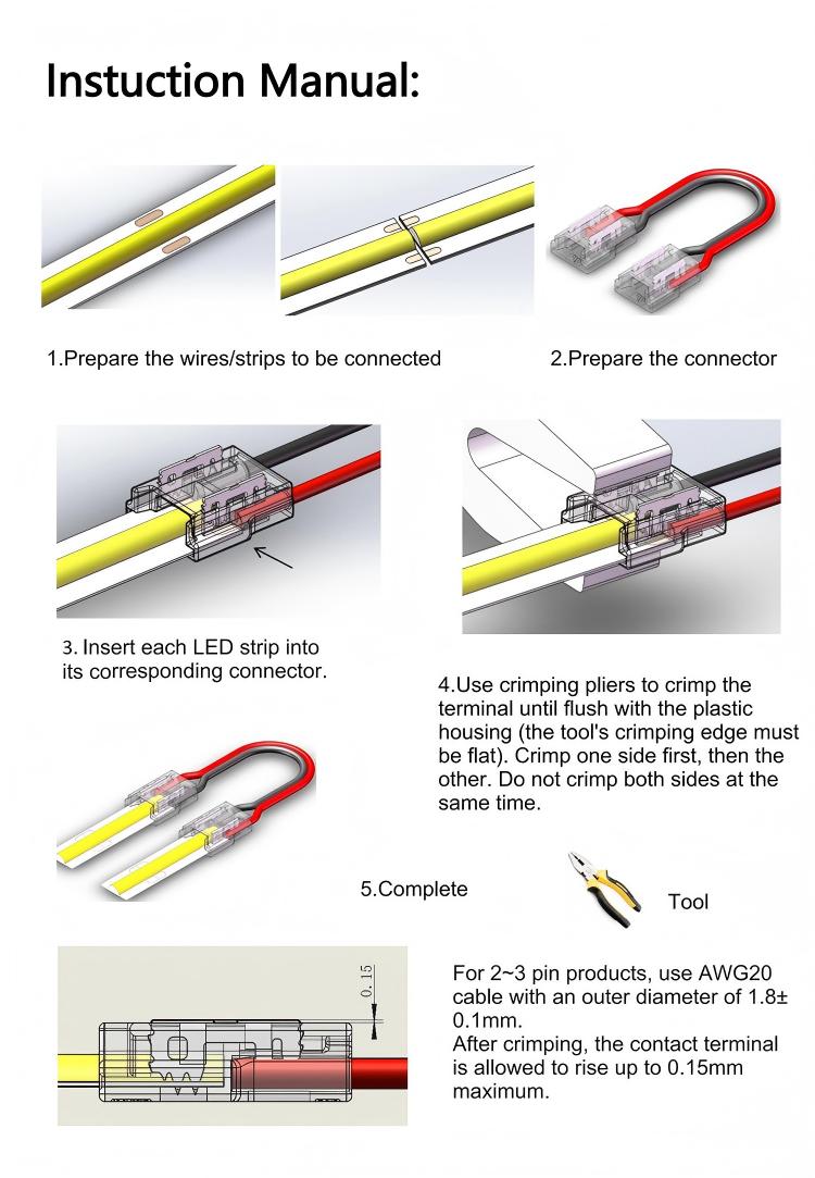 Step-by-step installation instruction diagram for COB LED strip quick crimp connector.
