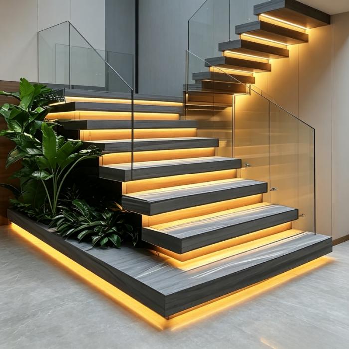 Modern straight floating staircase with warm white LED step strip lighting indoor decoration.
