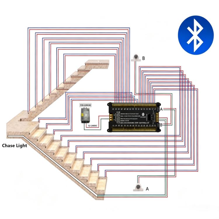 LED anti-short-circuit staircase controller dual sensor wiring schematic for stair step chase light.