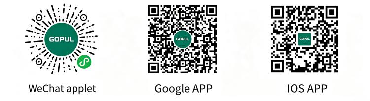 GOPUL control app download QR code, WeChat mini program, Google Android APP and iOS APP download QR code for LED stair controller.