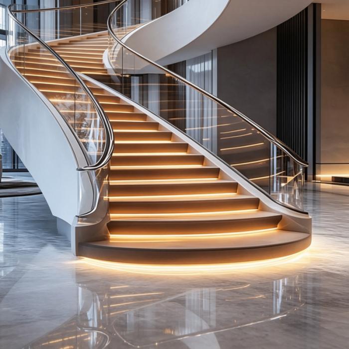 Curved floating staircase recessed warm LED step light luxury interior lighting.