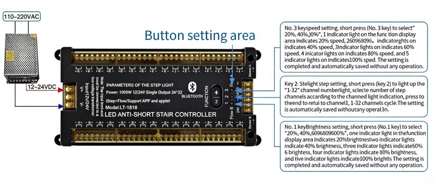 LT-1818 LED anti-short-circuit stair controller button function setting and wiring diagram.