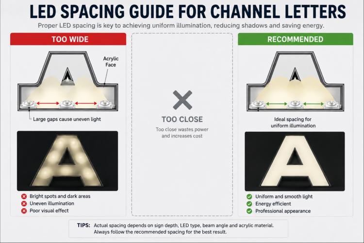LED spacing guide for channel letters, comparison of too‑wide, too‑close and recommended mounting distance for even sign‑letter illumination.