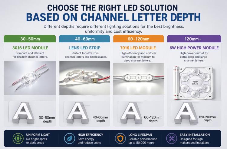 Guide for choosing suitable LED lighting solutions according to channel letter depth, includes 3016 module, lens strip,7016 module and 6W high‑power module for illuminated signage letters.