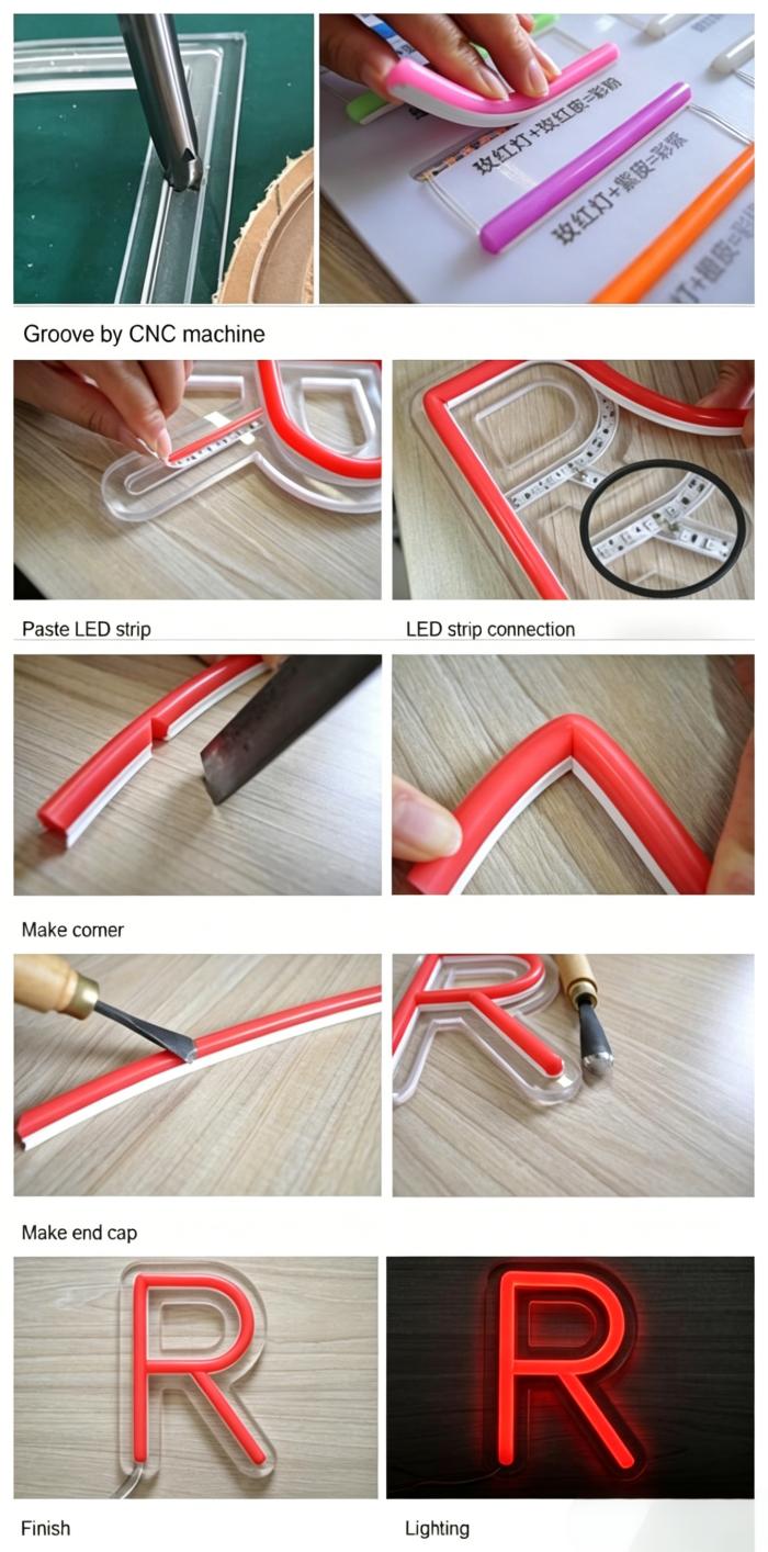 Step-by-step tutorial for making a split silicone neon letter 'R'. The 9-panel collage shows: CNC machine grooving, pasting LED strip, LED connection, making corner, making end cap, finishing the 'R' sign, and the final glowing lighting effect.